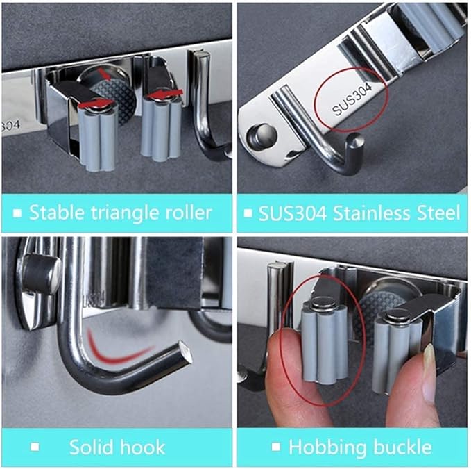 Broom Mop Holder Wall Mount Stainless Steel Tool Hanger Storage Organizer for Home, Kitchen, Garage, Garden, Laundry Room, Bathroom Organization and Storage(4 Racks 5 Hooks)