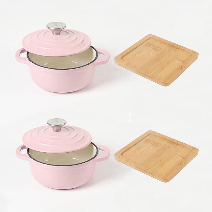 HAWOK Enameled Cast Iron Mini Dutch Oven, Dia5.51”, 23oz, with Bamboo Tray, Set of 2, Pink