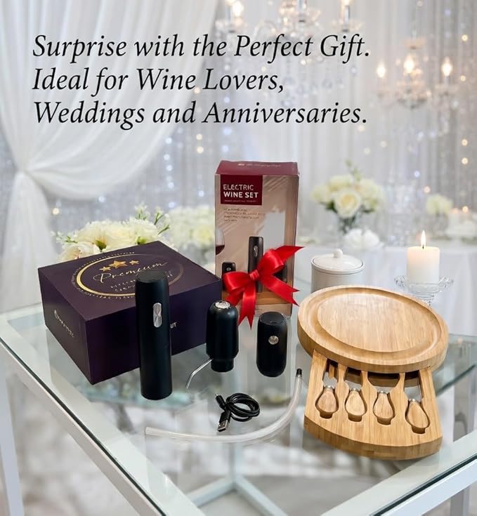 Rechargeable Electric Wine Opener Set - Includes Foil Cutter, Wine Aerator Dispenser, Electric Vacuum Stopper, Bamboo Charcuterie Board and Knives Set - Luxury Packaging for a Special Occasion