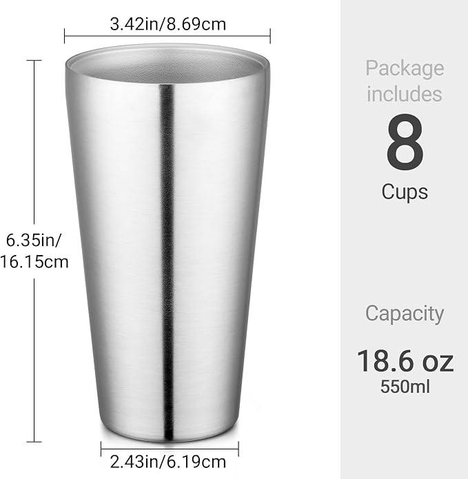 Beasea Stainless Steel Cups 19 oz, 8 Pack Large 18.6oz 550ml Stainless Steel Water Drinking Tumbler Stackable Double Wall Insulated Metal Pint Glasses Tin Cups for Home Party Camping