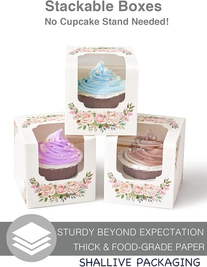 Mothers Day Floral Cupcake Boxes Single with Inserts and Window, Auto-Popup Mini Pink White Cupcake Holders Individual 30 Pack for Mother's Day Treat Wedding Gifts 3.5"