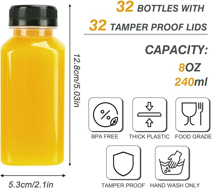 TOMNK 32pcs 8oz Plastic Juice Bottles with Caps Empty Reusable Clear Bottles with Label, Funnel and Brush Beverage Containers Bulk with Lids for Juicing, Smoothies, Fridge