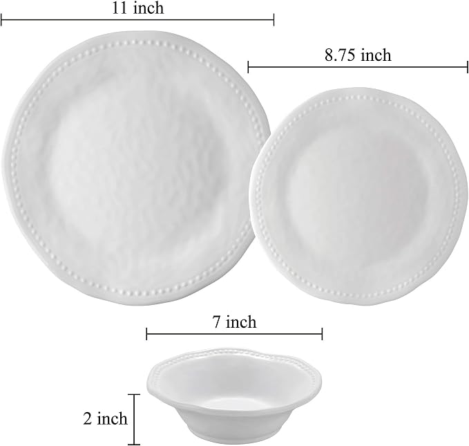 UPware 12 Piece Pebble Melamine Dinnerware Sets, Outdoor Dishes Set, Plates and Bowls Sets, Service for 4, White