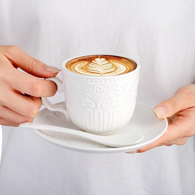 ZAVOOS Tea Cup and Saucer Set of 6, 6 Oz Small Vintage Porcelain Tea Cup with Spoon, Unique Embossed Floral Cappuccino Cups Sets for Latte, Cafe Mocha, Tea Party Decoration, Dishwasher Safe