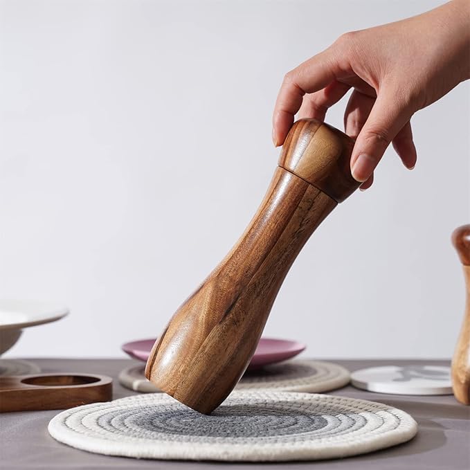 Pepper Mill, Pepper Grinder, Adjustable Ceramic Grinder for Both Pepper and Salt, Acacia Wood, Height 20.5 cm / 8 inch, Dia 6 cm(Tray is NOT Included)