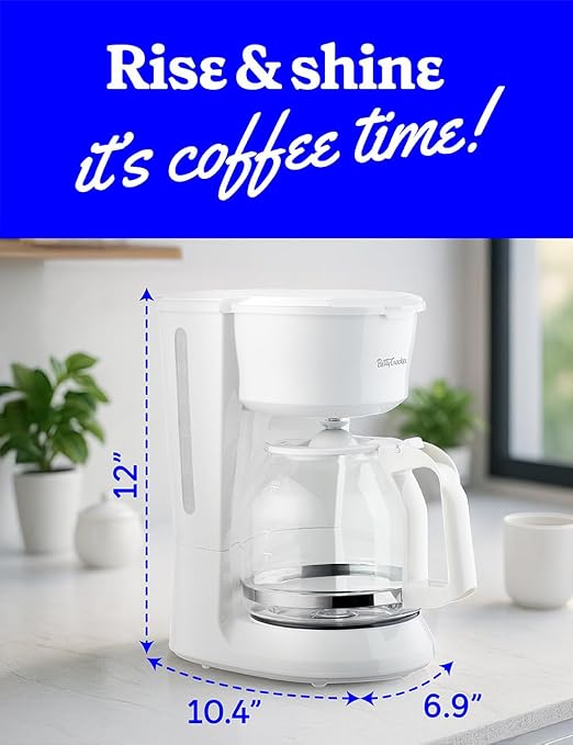 Betty Crocker 12-Cup Drip Coffee Maker with Heat Resistant Glass Carafe, Removable Permanent Nylon Filter, Pause & Pour, Water Level Gauge, Non-Stick Warming Plate, BC-5729W, White