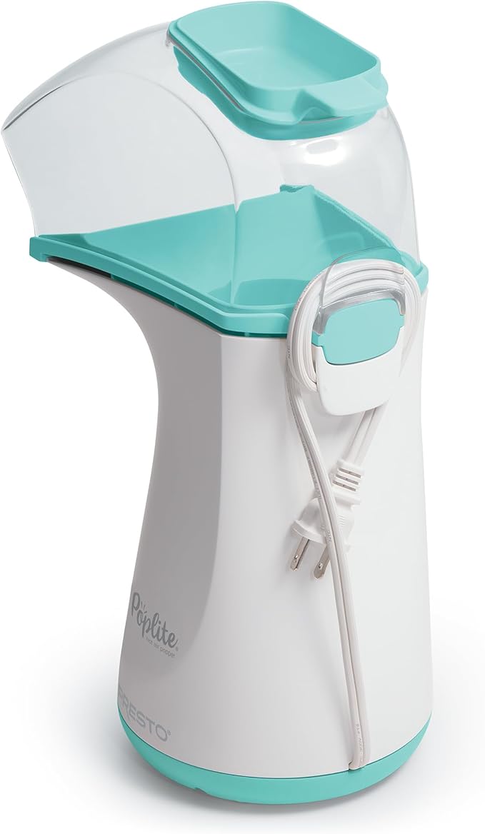 Presto 04869 Poplite Hot Air Popcorn Popper - Built-In Measuring Cup + Melts Butter, Easy to Clean, Built-In Cord Wrap, 18 Cups, Aqua/White (Pack of 2)