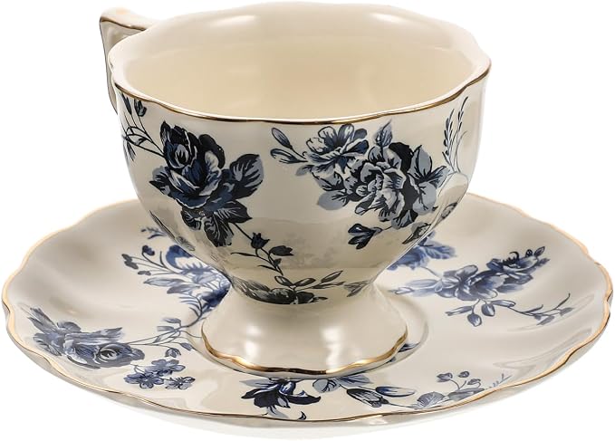 CALLARON Ceramic Cup and Saucer Set 8Oz European Style Milk Drinking Mug with Delicate Porcelain Design for Home Restaurant Tea and Juice