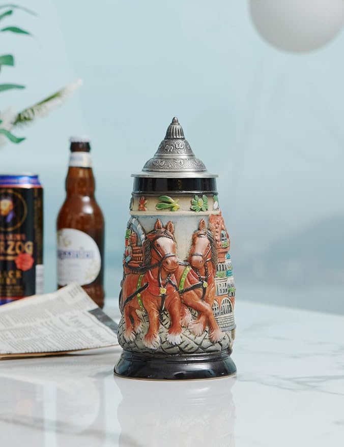 HAUCOZE Beer Stein Mug German Oktoberfest Drinking Viking Tankard with Pewter Lid Birthday Gifts for Men Father Husband 0.9 Liter