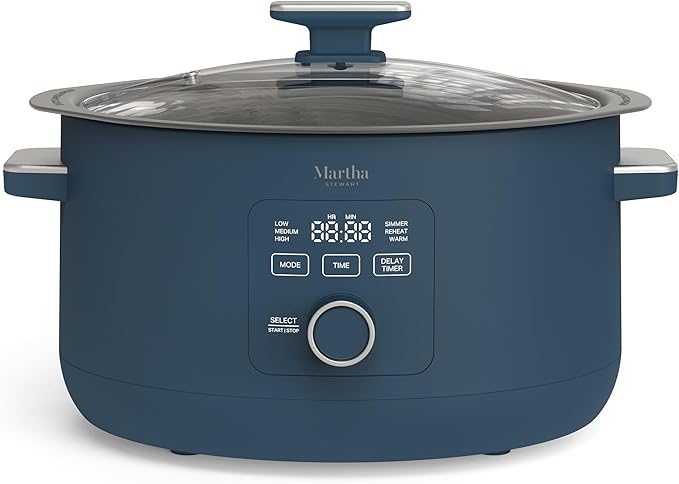 Martha Stewart 8 QT Slow Cooker, Programmable with Timer, 3 Heat Settings (Low, High, Warm), Nonstick Ceramic Removable Crock, Stovetop & Oven Safe, Glass Lid, Simmer, Reheat, Warm, Indigo