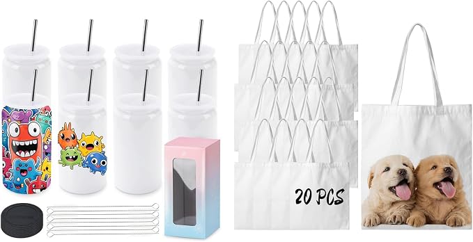 Joyclub Bundle of 8 Set Sublimation Tumblers Blanks and 20 Pack Sublimation Tote Bags