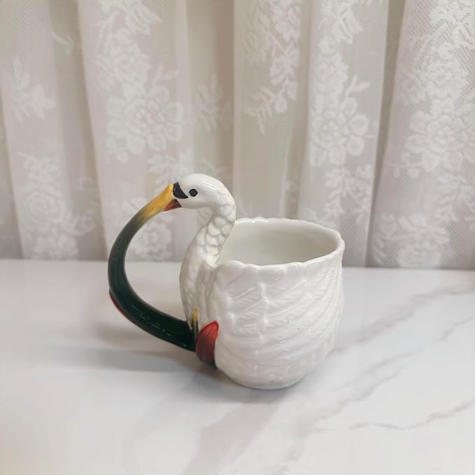 Ceramic Tea Cup and Saucer Set ，6OZ 3D Hand-painted Swans and Lotus Leaves Coffee Mug，Gift for Women