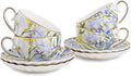 Agyiuns Tea Cup and Saucers, 6.4oz Floral Tea Cups with Gold Trim, Coffee Cappuccino Espresso Latte Mugs for Party Birthday,Christmas Gift (Iris - Blue)