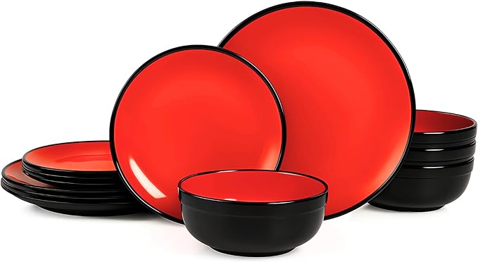 TP 12-Piece Melamine Dinnerware Sets, Plates and Bowls Dishes Set for 4, Break-Resistant & Non-Microwavable, Lightweight Dinner Plates, Glossy Black and Red