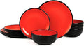 TP 12-Piece Melamine Dinnerware Sets, Plates and Bowls Dishes Set for 4, Break-Resistant & Non-Microwavable, Lightweight Dinner Plates, Glossy Black and Red