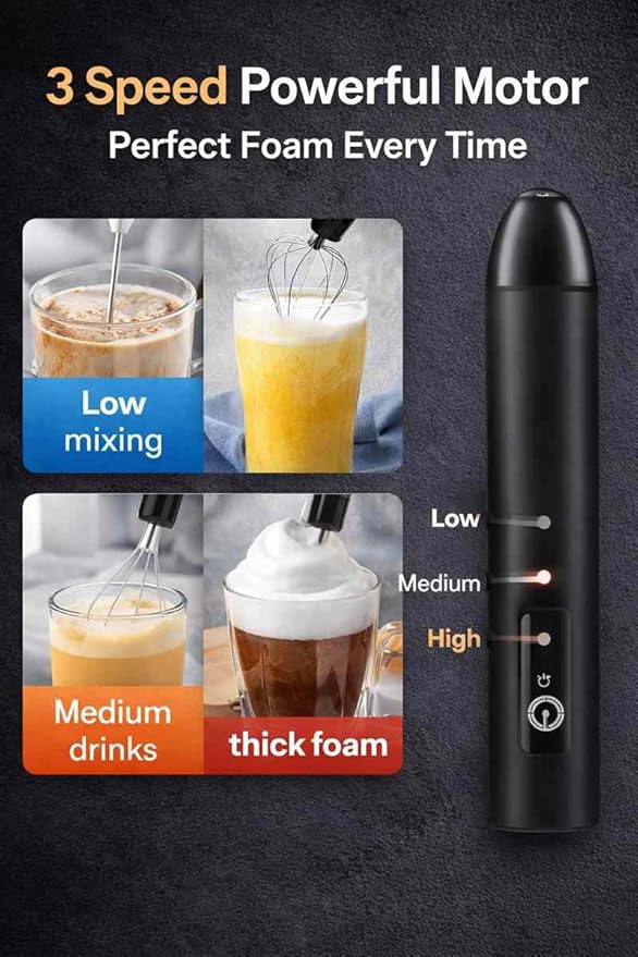 Milk Frother Handheld for Coffee – Electric Matcha Whisk & Drink Mixer, Foam Maker for Latte, Cappuccino, Bulletproof Coffee, Portable Stainless Steel Frother for Home, Office & Travel (Black)