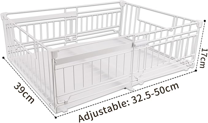 Expandable Pull Out Cabinet Organiser, No Drill Adhesive Slide Out Kitchen Drawer Shelf Durable Metal for Under Sink, Cupboard, Pantry, Adjustable Width (12.8"-19.7") (Style B White, 1 Pack)