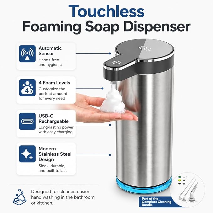 Bathroom Cleaning & Hand Care Bundle, Touchless Foaming Soap Dispenser and Cordless Electric Spin Scrubber Set