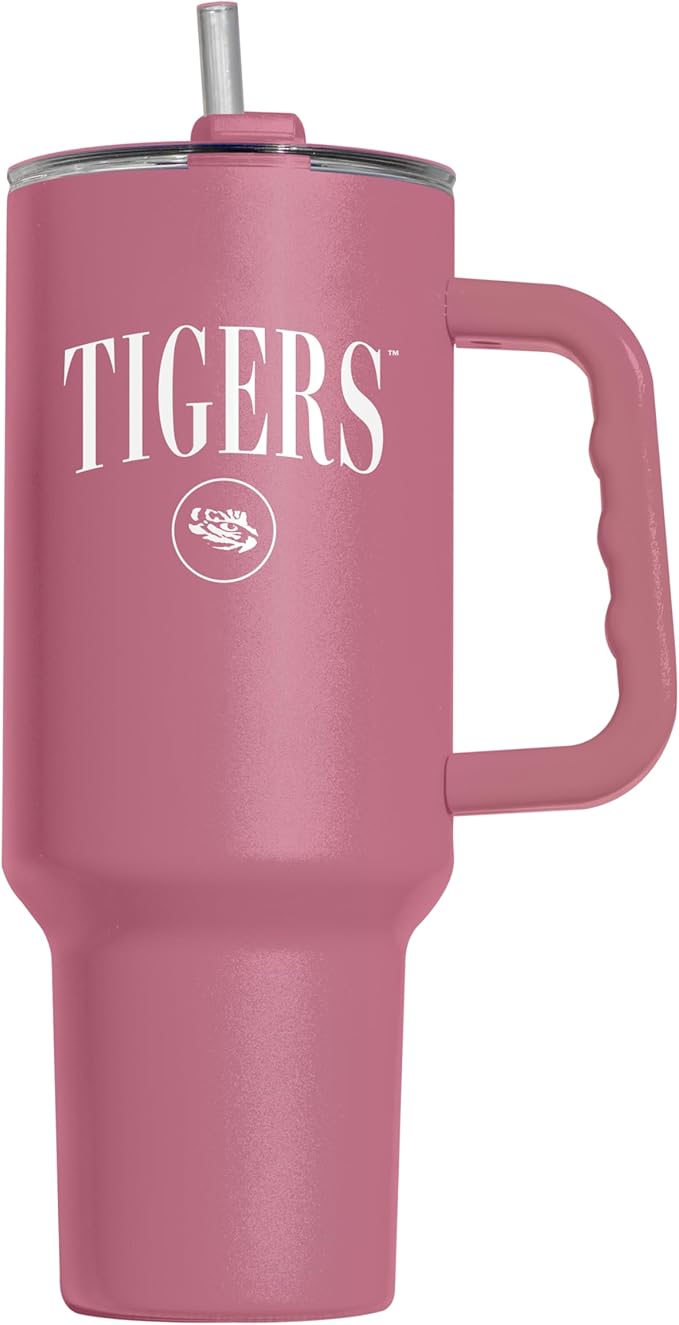 Logo Brands NCAA LSU Tigers Berry 40 oz Tumbler with Handle - Stylish Everyday Use Powder Coated-Stainless Steel with Straw- Keeps Cold For Hours
