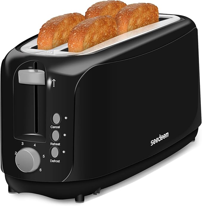 SEEDEEM 4 Slice Toaster, Extra Wide Slots Bread Toaster with 6 Shade Settings, Bagel/Cancel/Defrost/Reheat Functions, Removable Crumb Tray, Auto Shut-Off, Black
