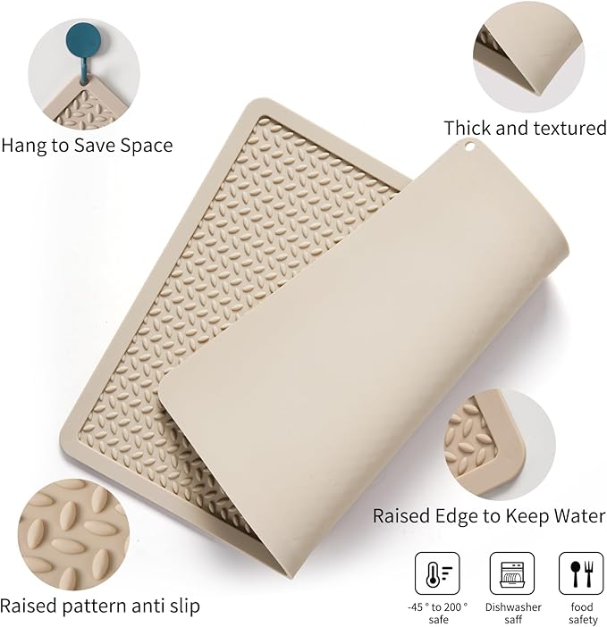 Silicone Drying Mat & Heat Resistant Mat for Kitchen Counter, Non-Slip Dishwasher Safe, Raised Edge for Dishes Bottles Sink (25.5x17.7in, Beige)