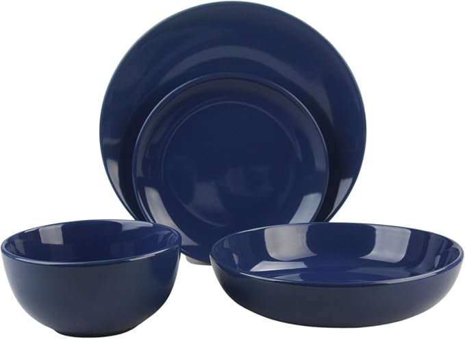 16 Piece Coupe Stoneware Dinnerware Set with Dinner Bowl, Service for 4, Cobalt Blue