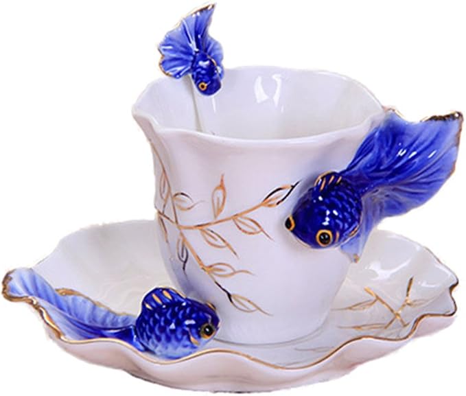 ZaH 3D Goldfish Coffee Mugs Animal Rainbow Ceramic Mug Milk Teacup Afternoon Tea Cup and Saucer Set with Spoon, Dark Blue