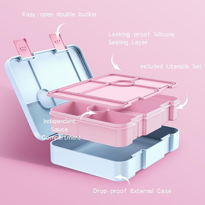 DIGOBAY Girls Backpack - Kids Bento Box Set with Insulated Lunch Bag, Cutlery and Pencil Case, 6 Leak-Proof Compartments, Removable Tray for Girls, Teens School Picnic (Pink-Blue)
