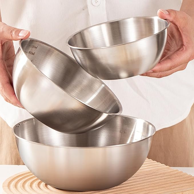 Stainless Steel Salad Bowls Set of 2 Mixing Bowl with Measurement Markings Snacks Bowls, 3.17 Quart Serving Bowls for Mixing, Cooking, Baking, Prepping and Home Kitchen Food Storage Bowls