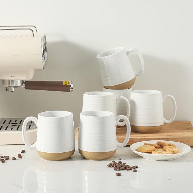 HASENSE Porcelain Coffee Mugs Set of 6, 15 Ounce Large Ceramic Coffee Cups Set with Handle for Latte, Tea, Cocoa and Hot Chocolate, White Coffee Mugs for Men and Women, Microwave Safe