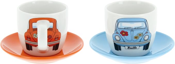 BRISA VW Collection - Volkswagen Espresso Cups Coffee-Tea-Cappuccino Set in Beetle Design (Beetle Front/100ml/3.4 fl oz) (Set of 2 (light blue, orange))