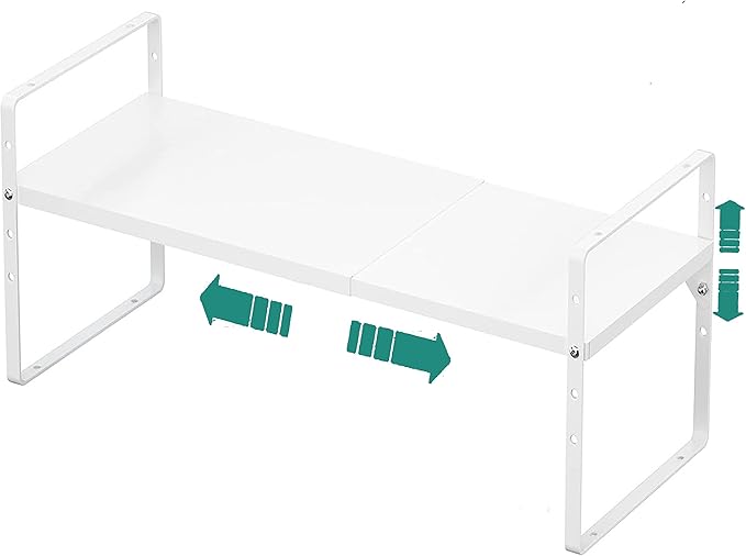 SUZLON Expandable Cabinet Shelf Organizer Rack, Stackable Kitchen Counter Storage Shelves Stand, Adjustable Height Pantry Shelf Spice Rack, Heavy Duty Nonslip White Small 1Pack