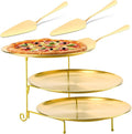 Domensi 7 Pcs Pizza Pan Riser Stands Sets Includes Tiered Tray Stand Stainless Steel Pizza Pan and Wood Handle Knife for Tables Party Restaurant (Gold)