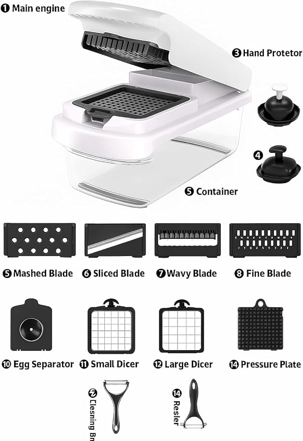 15-in-1 Vegetable Chopper and Mandoline Slicer Set with Container - Multifunctional Vegetable Cutter and Chopper with Dicer Blades, Egg Separator & Spiralizer
