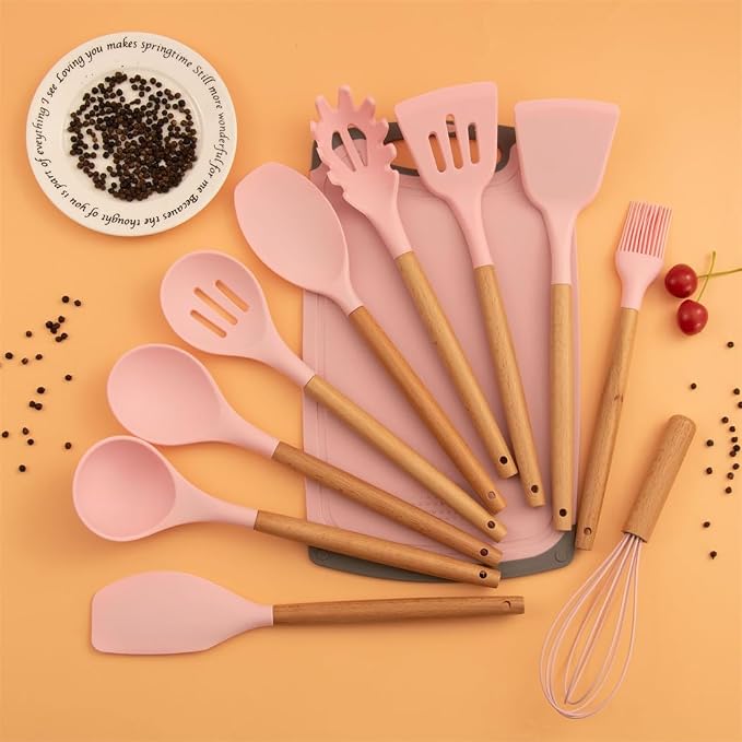 19 Pcs Kitchen Cooking Utensils and Knife Set with Block, with 11 Piece Silicone Cooking Utensils Set 5 Pcs Sharp Stainless Steel Chef Knives Scissors Whisk Tongs and Cutting Board (Cherry Pink)