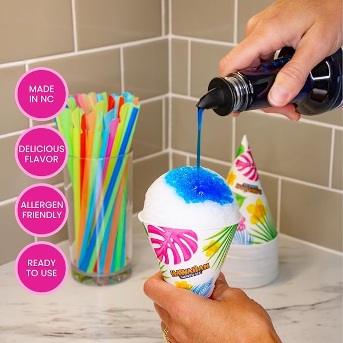 Hawaiian Shaved Ice Sour Blue Raspberry Syrup - Nut Soy Dairy Free - Flavor Fluffy & Crunchy Snow Cones - Shelf Stable - Makes 8 Servings - 16 ounces
