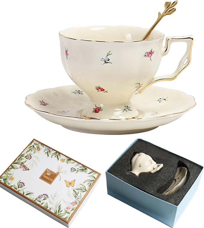 Porcelain Tea Cup and Saucer Set, 8.5 oz/250 ml Ceramic Coffee Mug with Saucer and Spoon, Vintage Coffee Cup with Gold Trim and Gift Box for Mom Women Mother's Day, Flowers Pattern