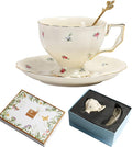 Porcelain Tea Cup and Saucer Set, 8.5 oz/250 ml Ceramic Coffee Mug with Saucer and Spoon, Vintage Coffee Cup with Gold Trim and Gift Box for Mom Women Mother's Day, Flowers Pattern