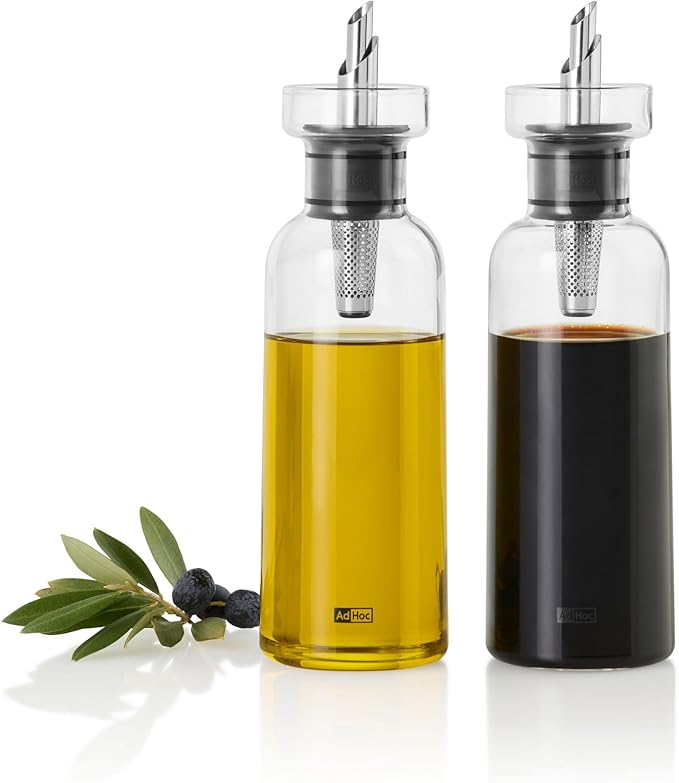 AdHoc AromaPour - Oil & Vinegar Dispenser - No-Drip Liquid Bottle for Kitchen - Airtight Design with Stainless Steel Filter - Offers Healthy & Fresh Flavor - Dispenser Set (2 Pack)