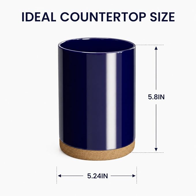 Ceramic Kitchen Utensil Holder for Countertop, Modern Crock with Non-Slip Cork Base, Counter Organizer for Cooking Tools , Blue