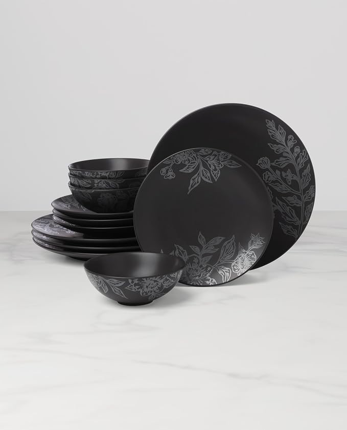Oneida 897391 Roseto 12-Piece Dinnerware Set, Charcoal