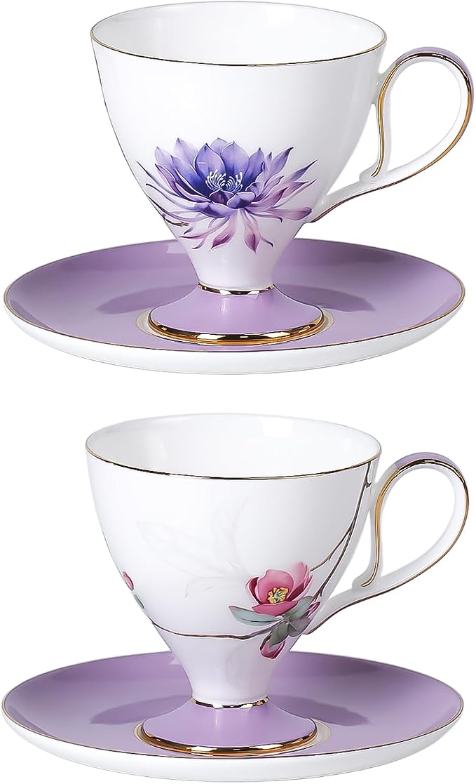 KAMMAK Ceramic Coffee Cups Saucers Set of 2, Porcelain Espresso Cup with Saucer, 8.45 oz Handmade Elegant Bone China Tea Cups, Purple Floral Demitasse Cup for Latte, Americano, Cappuccino