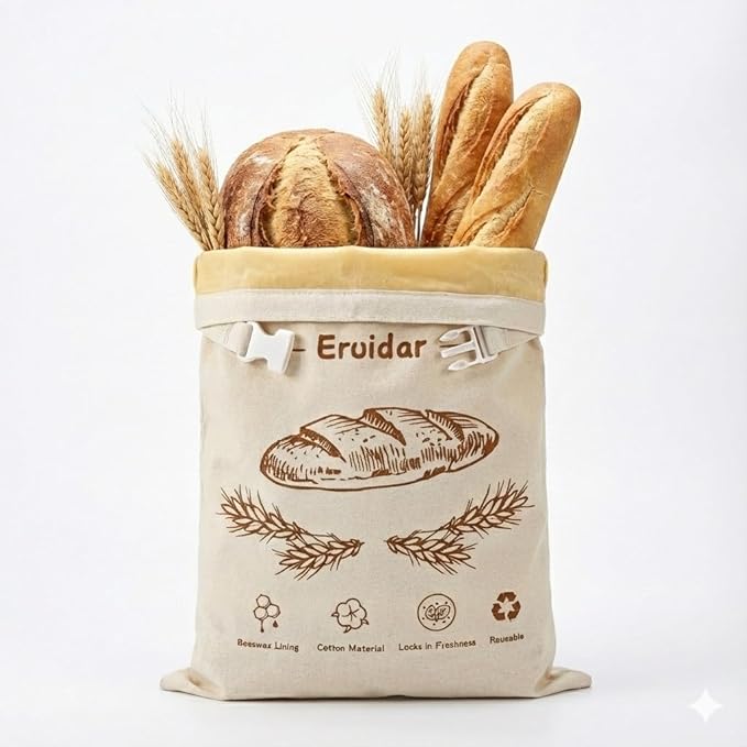 Beeswax Bread Bags for Sourdough & Homemade Bread (2 Pack), XL 13"x17" Large Reusable Cotton & Linen Bread Bag, Keep Loaves Fresh Longer, Natural & Easy to Clean(Rustic Bread Print)