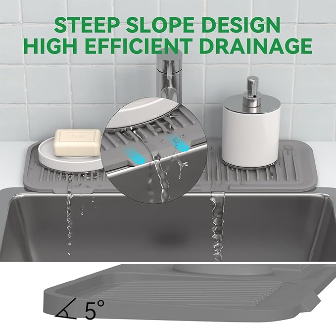 2 Pcs 40x12 cm Silicone Faucet Mats for 3.5-6cm Faucets Handle Drip Catcher Tray Faucet Sink Splash Guard Drying Mat for Kitchen Bathroom Counter Drying Pad Faucet Draining Pad (Grey)