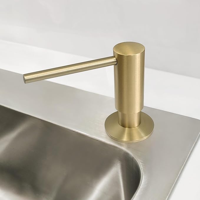 EADOT Brushed Gold Built in Dish Soap Dispenser for Kitchen Sink with 17 OZ PET Soap Bottle Refill from The Top, Under Counter Brass Pump Head Liquid Lotion Dispenser, Undermount Copper Pump Head