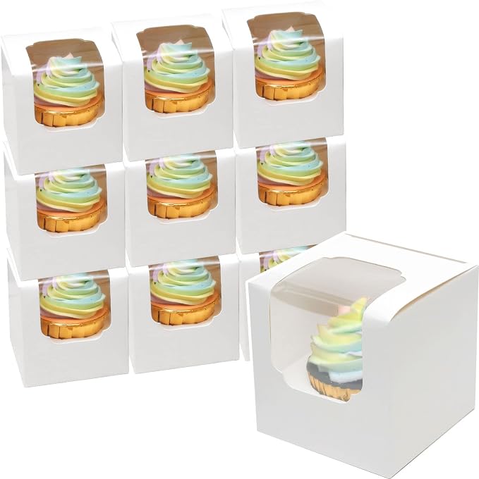 qiqee Cupcake Boxes 200-Packs Individual Cupcake Container White 3.5" x 3.5" x 3.5" Single Auto-pop up Cupcake Boxes