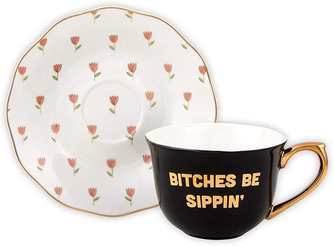 Slant Collections Ceramic Tea Cup and Saucer Set, 5-Ounce, Bitches Be Sippin