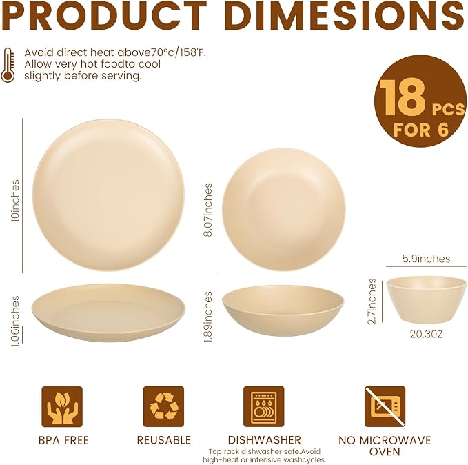 Unbreakable Dinnerware Set for 6 Butter Yellow 18 Piece Melamine Wheat Straw BPA Free Lightweight Dishwasher Safe Shatter Resistant for Kitchen Farmhouse Daily Breakfast