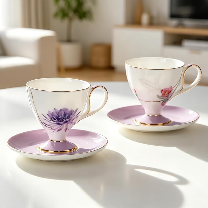 KAMMAK Ceramic Coffee Cups Saucers Set of 2, Porcelain Espresso Cup with Saucer, 8.45 oz Handmade Elegant Bone China Tea Cups, Purple Floral Demitasse Cup for Latte, Americano, Cappuccino