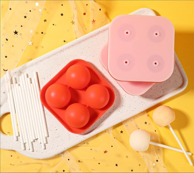 Webake Lollipop Molds Set of 3, Silicone Sphere Hard Candy Sucker Molds with 100 Paper Lollipop Sticks, Round 3D Candy Ice Chocolate Cake Pop Molds with Lids